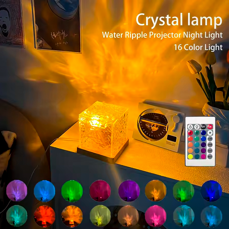 Water Ripple Projector Night Light | 3/16 Colors Flame Crystal Lamp
